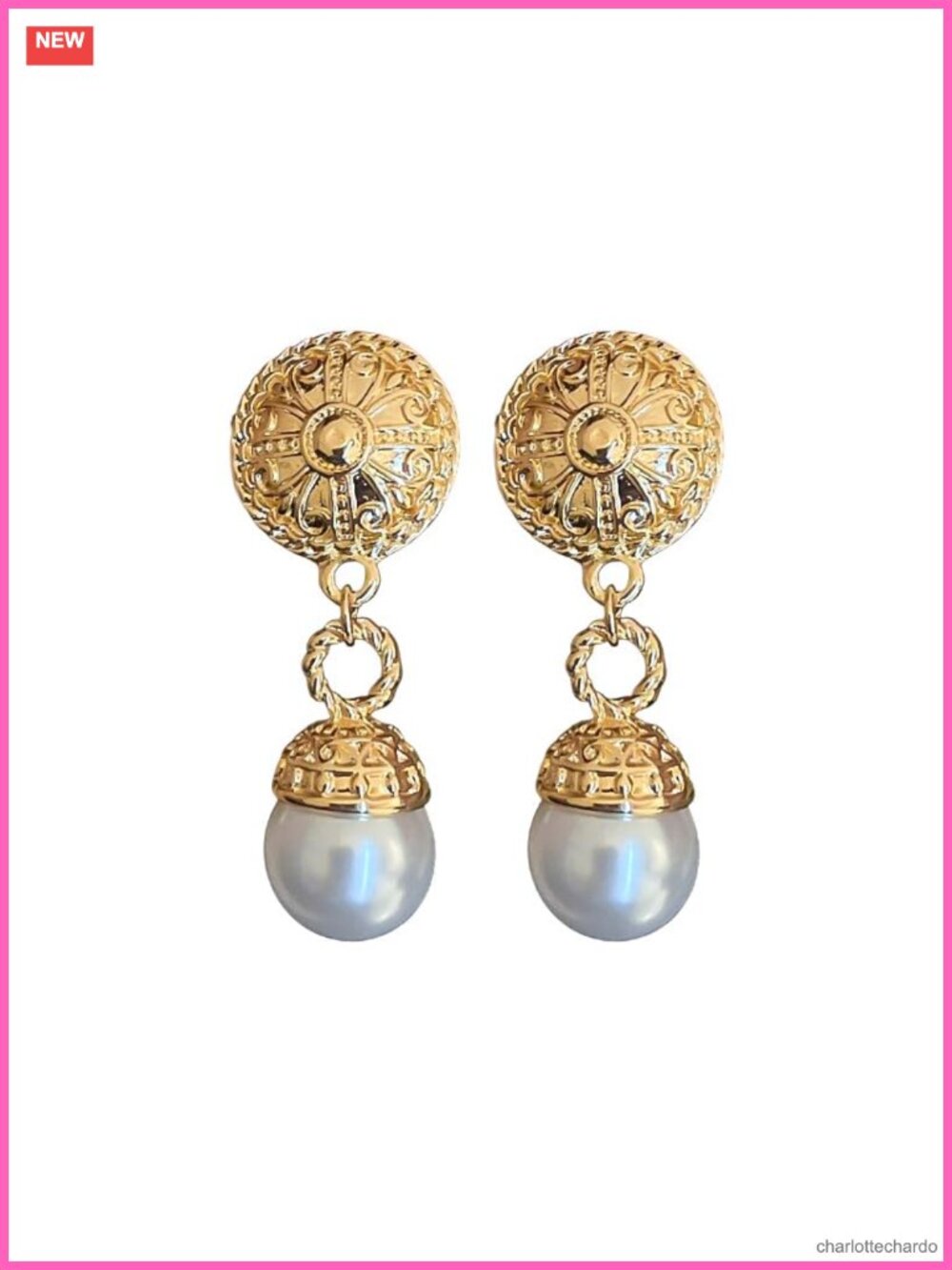 Gold Plated Filigree Faux Pearl Drop Dangle Earrings Baroque Style Women